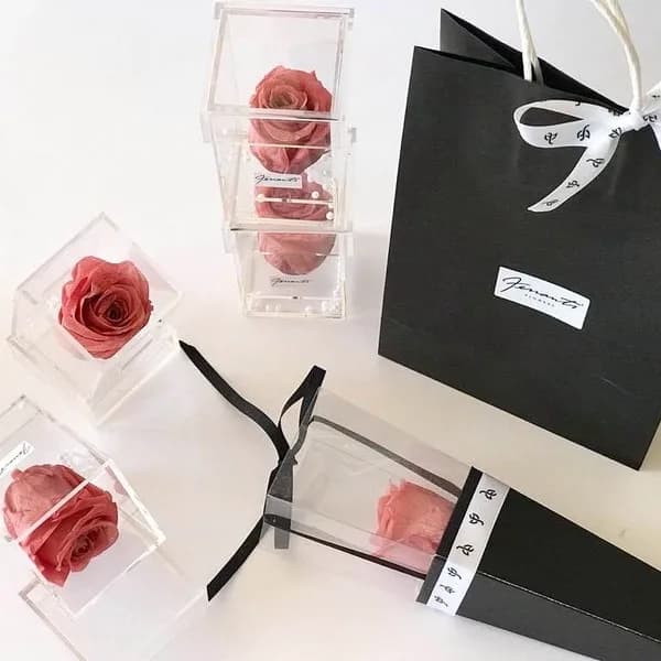 Princess pink roses inside transparent boxes