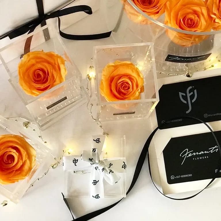 Ferranti preserved roses in clear boxes with the brand card